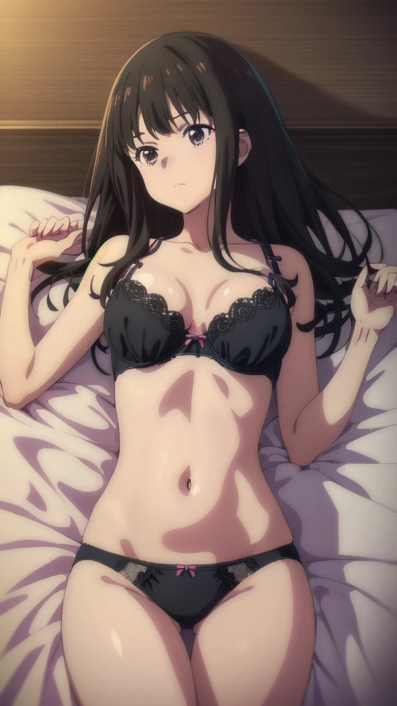 (((Pixel Perfect, Perfect detail))), ((alone, 1 girl)), takina inoue, Looking at the audience, Shut your mouth, (between breasts), bra, (showing panties:1.3), (lie on the bed:1.3), indoor, (upper Body)