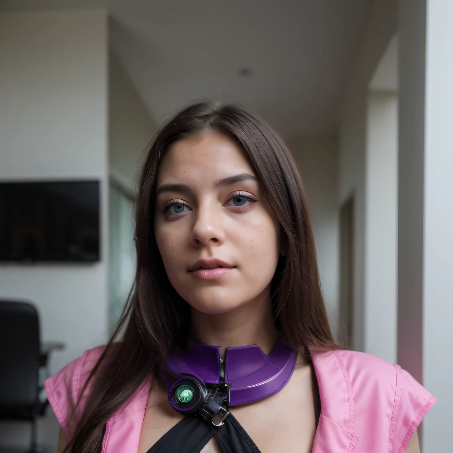 Photo of a college student, Purple Pink, Futuristic space suit, (freckle:0.8) Cute face, Science Fiction, Dystopia, Delicate eyes, Green pupils((side view))