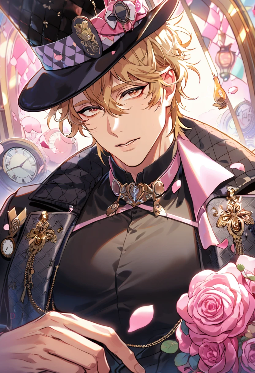 absurdres, highres, ultra detailed, HDR, master piece, best quality, perfect face, beautiful eyes, delicate features, Quincy, blond messy hair, expressive amber eyes, Nu Carnival, solo, sexy man, handsome, black hat, black coat, black shirt, patterns, madhatter, in wonderland, clock, pink roses, pink petals, pink lanterns