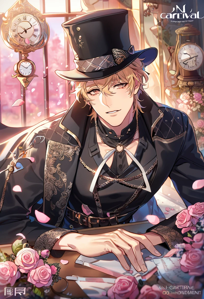 absurdres, highres, ultra detailed, HDR, master piece, best quality, perfect face, beautiful eyes, delicate features, Quincy, blond messy hair, expressive amber eyes, Nu Carnival, solo, sexy man, handsome, black hat, black coat, black shirt, patterns, madhatter, in wonderland, clock, pink roses, pink petals, pink lanterns