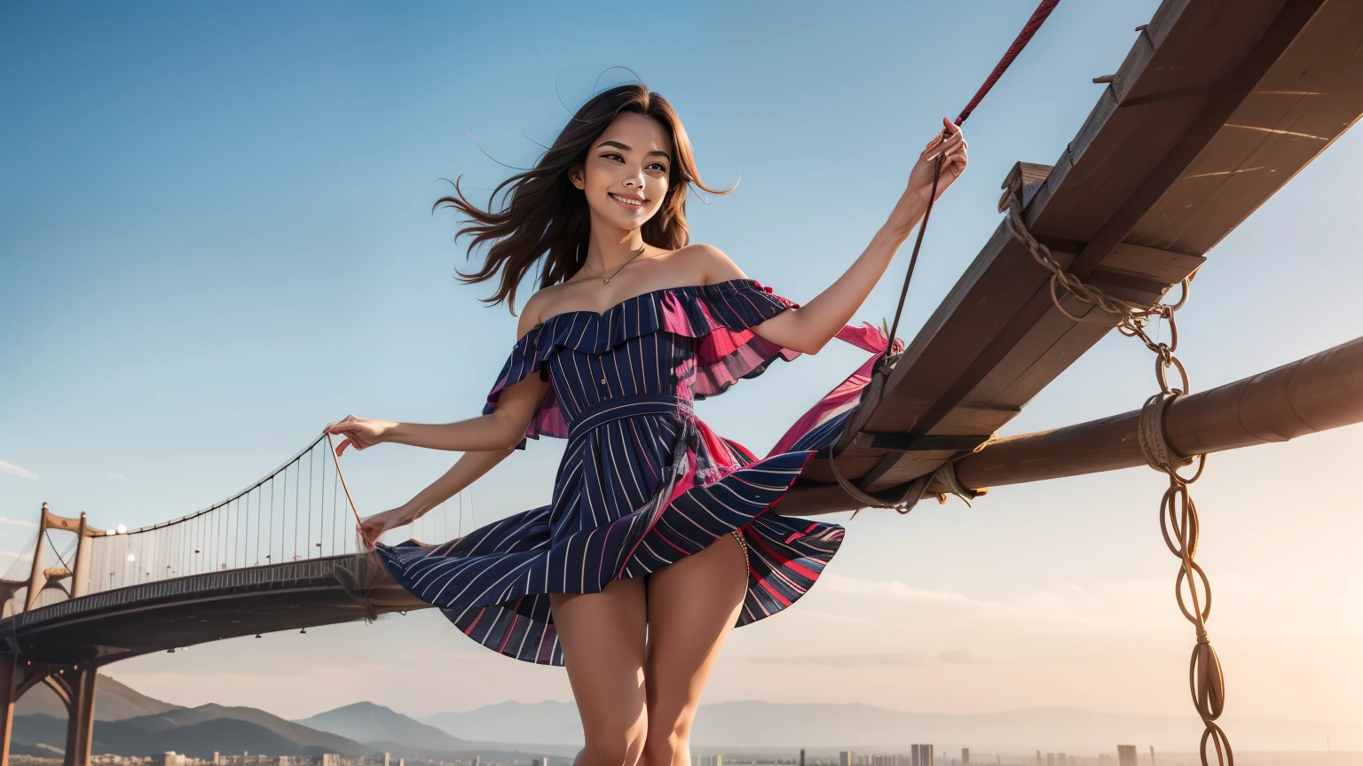 1woman, very long wavy hair, Balancing, pretending to walk on a tightrope, Striped off-the-shoulder ruffle hem dress, split-color hair, slight light smile,