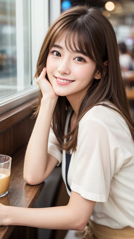 Brown Hair,Medium Hair,A 20-year-old woman in a cafe, Small nose, With the correct face, Cute natural smile, Japanese facial features, A clean and cute face, Cute realistic portrait, Asian Face, 8K Photo, Soft Makeup,Natural skin texture,Raw photo,highest quality,Full Body Shot