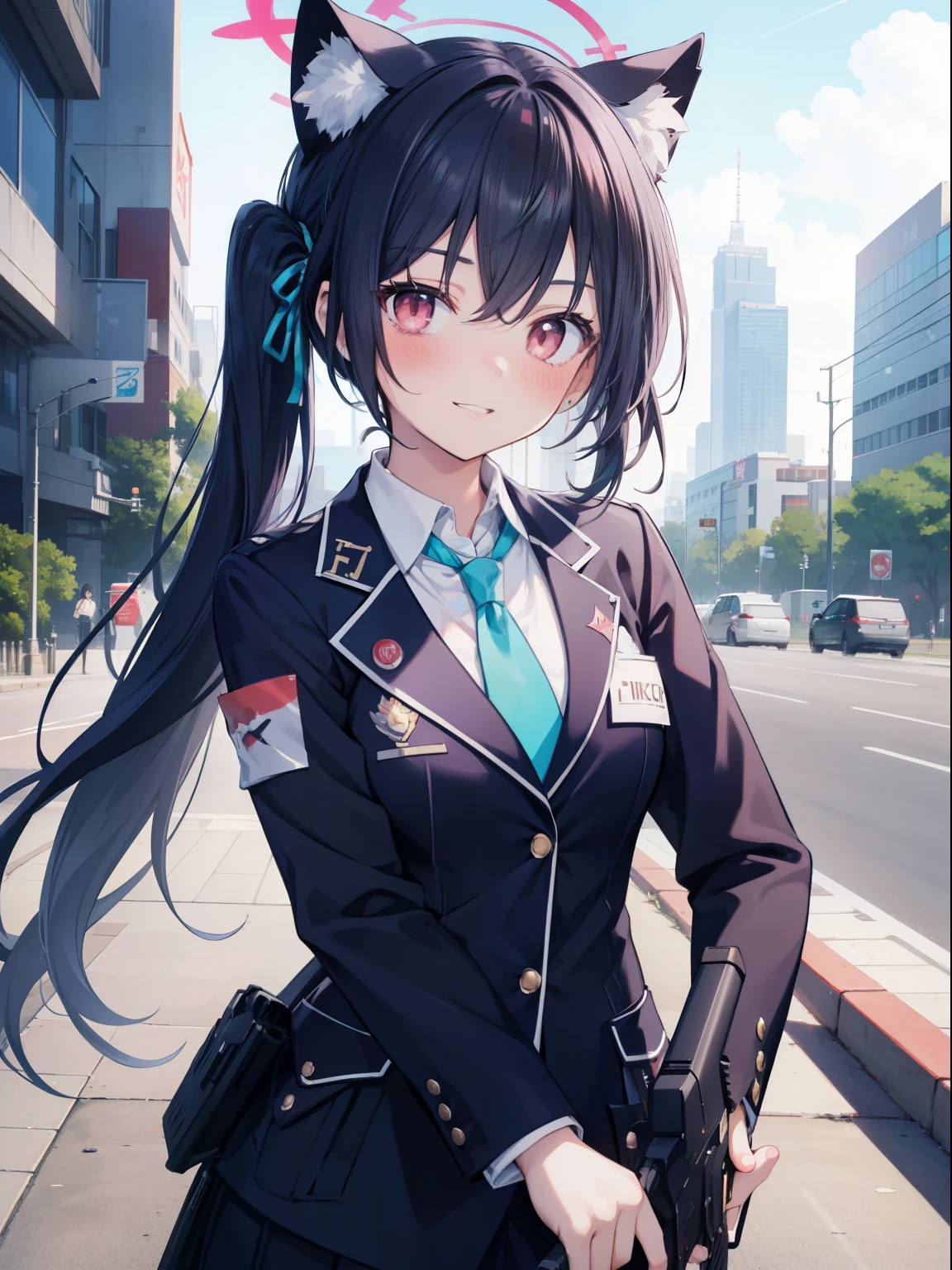 Chromicelle、Good looking girl (blush, Perfect Face), independent , Looking at the camera, masterpiece, Anime art style, Cute Characters, Most detailed, high quality、Nico Nico Smile、Combat Uniform、He has a gun