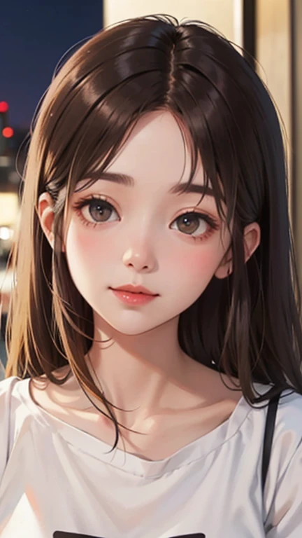 Blushing lightly and smiling, (Top quality masterpiece:1.2) Delicate illustrations, Very detailed, /Beautiful Japanese women in their 40s、1 person,Excellent style 、((8K images、super high quality))、Very delicate face, Beautiful forehead、Red lipstick,(((((Long Hair、Brown Hair、Blonde inner hair color))))),Very cute Japanese cut face、Eyes and nose are clearly visible、Kind eyes,(Big white t-shirt)、Night view、Date、Cafe