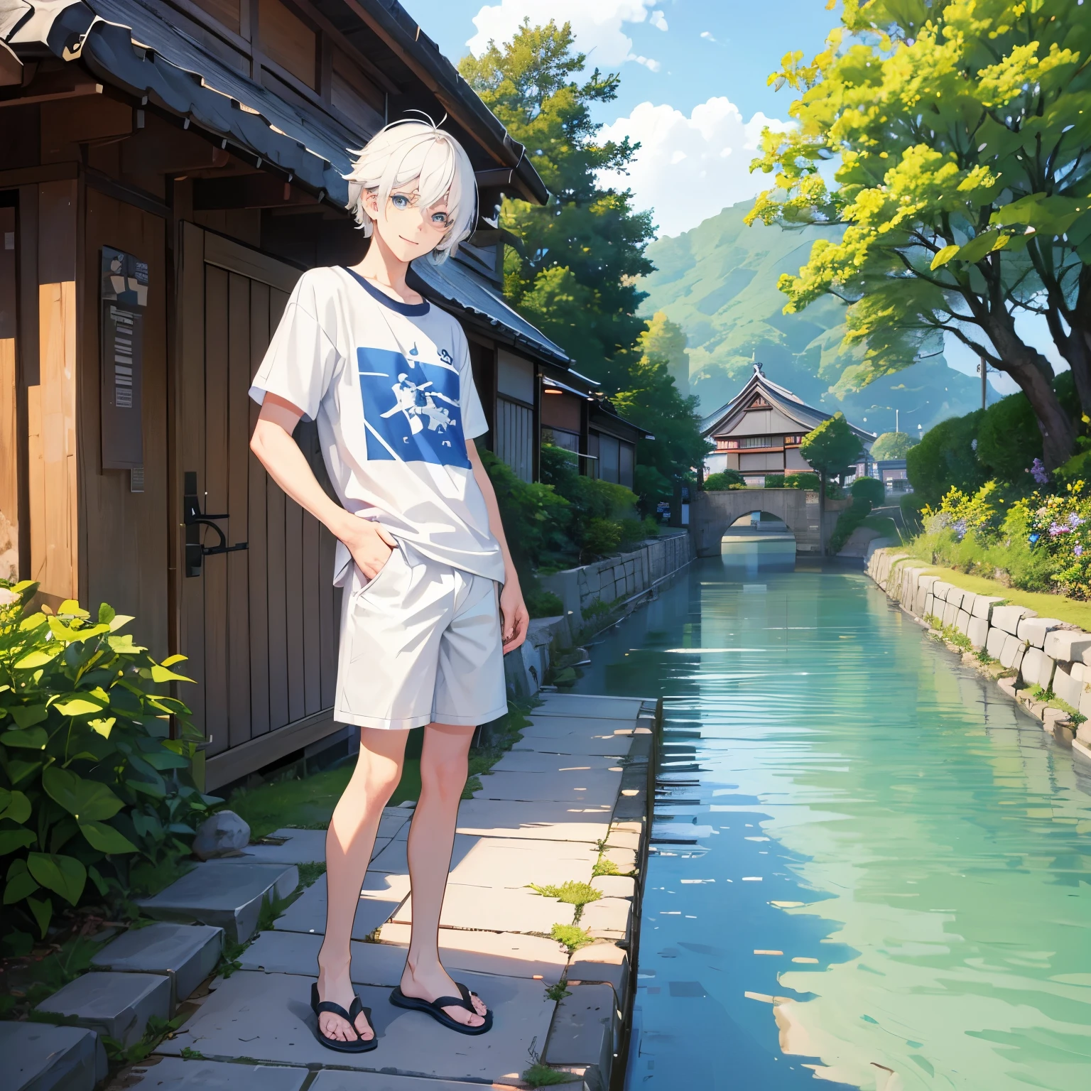 boy, white hair, blue eyes, smile, japanese street, village, river, housing area, , t shirt, short pants, sandals