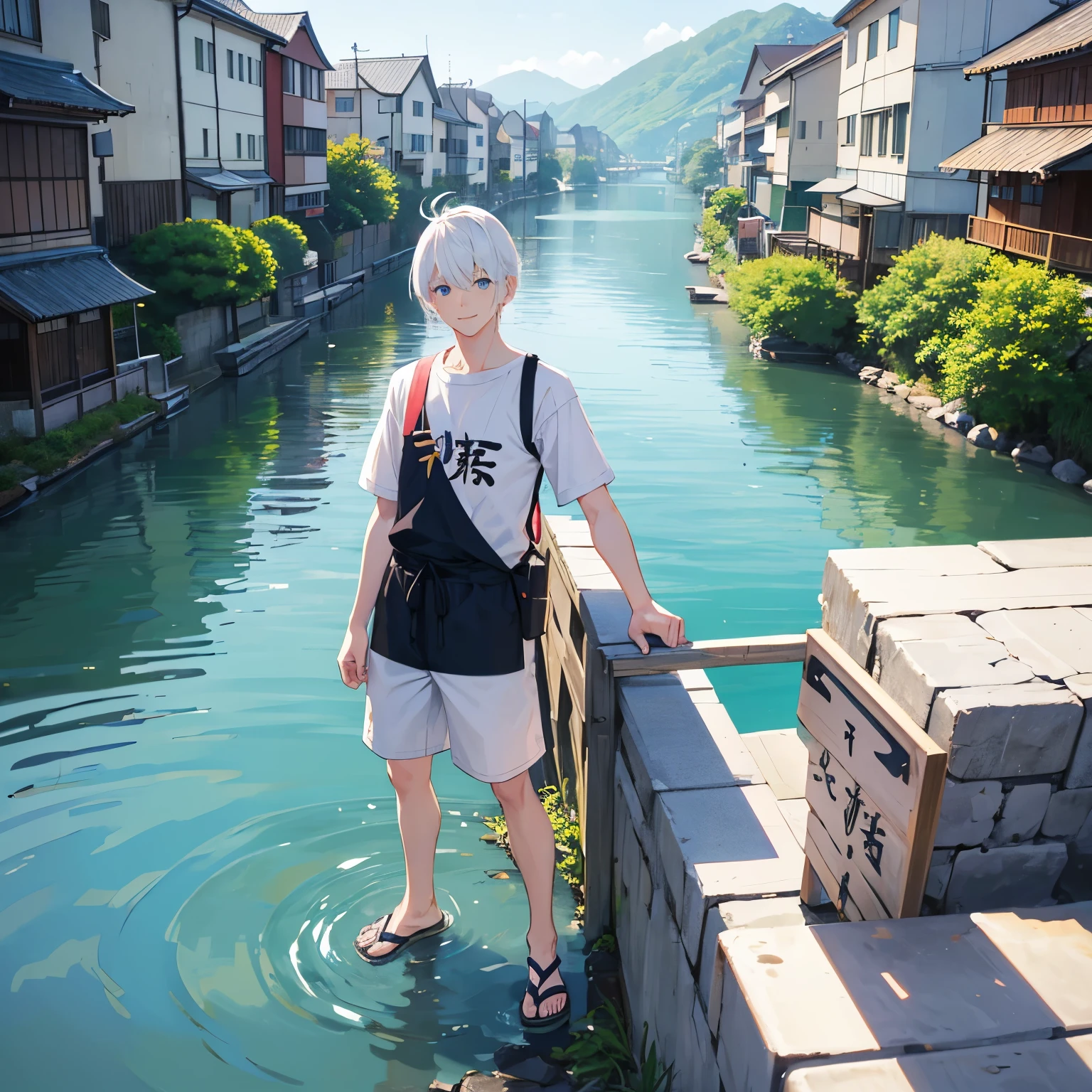 boy, white hair, blue eyes, smile, japanese street, village, river, housing area, , t shirt, short pants, sandals