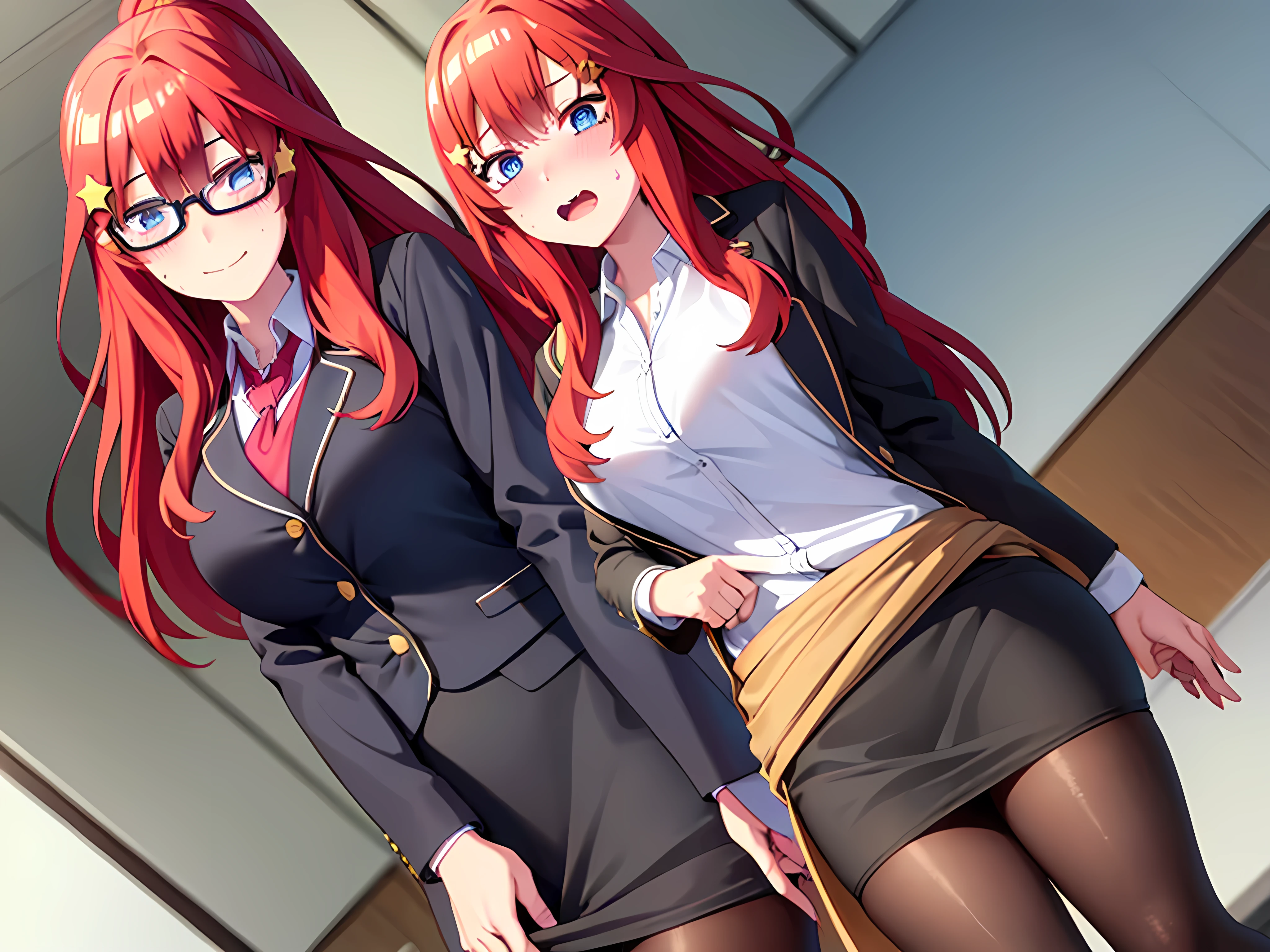 , , mksks style, detailed background, 1 girl, alone, Itsuki Nakano, aged, mature female, star hair ornament, long hair, red hair, Choke, bangs, hair amazing eyes, ponytail, blue eyes, big breasts , Office girl, red glasses, bottom, black suit jacket, collared jacket, white dress shirt, collared shirt, neckline, buttons, lanyard, ID card on the neck, black pencil skirt, black pantyhose, smile, blushing, looking at viewer,pov(from below), seductive, embarrassed, office, desk, computer, interior, ((sweat blushing, large breasts, medium waist, wide hips, medium thighs, good anatomy good hands