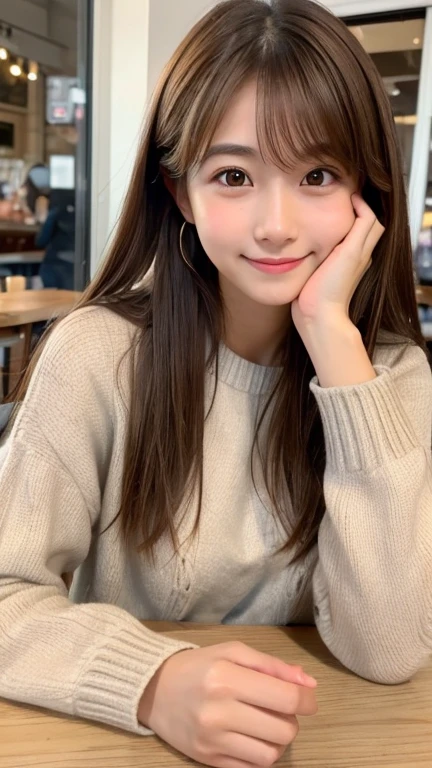 Brown Hair,Medium Hair,A 20-year-old woman in a cafe, Small nose, With the correct face, Cute natural smile, Japanese facial features, A clean and cute face, Cute realistic portrait, Asian Face, 8K Photo, Soft Makeup,Natural skin texture,Raw photo,highest quality,Full Body Shot,Random clothing color