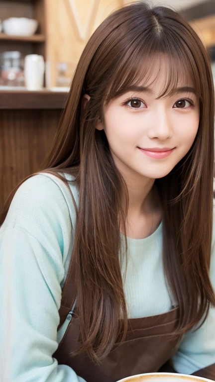 Brown Hair,Medium Hair,A 20-year-old woman in a cafe, Small nose, With the correct face, Cute natural smile, Japanese facial features, A clean and cute face, Cute realistic portrait, Asian Face, 8K Photo, Soft Makeup,Natural skin texture,Raw photo,highest quality,Full Body Shot,Random clothing color