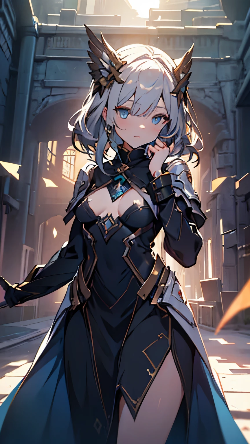 1 adult woman, High detail mature face, long messy white hair, fallen angel, angel, black angel wings, unamused, blue eyes, black battle dress, fluffy dress, (long sleeves:1.3), shoulders covered, high res, ultra sharp, 8k, masterpiece, looking at viewer, Sharp eyes, standing, legs apart, lips apart, breasts apart, (small breasts:1.3), fully covered, ((Best quality)), ((masterpiece)), 3D, HDR (High Dynamic Range),Ray Tracing, NVIDIA RTX, Super-Resolution, Unreal 5,Subsurface scattering, PBR Texturing, Post-processing, Anisotropic Filtering, Depth-of-field, Maximum clarity and sharpness, Multi-layered textures, Albedo and Specular maps, Surface shading, Accurate simulation of light-material interaction, Perfect proportions, Octane Render, Two-tone lighting, Wide aperture, Low ISO, White balance, Rule of thirds,8K RAW, Aura, masterpiece, best quality, Mysterious expression, floating golden chains, black battle dress, ornate dress, mechanic creatures or mystical background, rim lighting, ultra high res, 8k uhd, film grain, best shadow, delicate, RAW, light particles, detailed skin texture, detailed cloth texture, beautiful face, full body, from front, far away, midnight, full moon backgrounr, heavy shadows