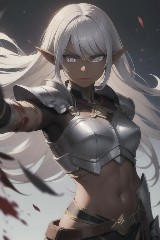 Dark skin, blood soaked Elf warrior, long silver hair, Violet eyes, hero's armor, facing viewer, glaring,