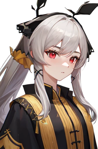 highest quality, masterpiece, High resolution, 一人in, {Weedy_Arknights:1.15}, length_hair, 前hair, red_eye, gray_hair, upper_body, white_hair, very_length_hair, hair_ornament, One girl, Looking_in_Audience, ponytail, formal_alternine_Costumes, Portraiture, Side Lock, Simple_background, white_background