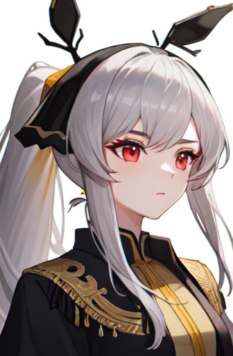 highest quality, masterpiece, High resolution, 一人in, {Weedy_Arknights:1.15}, length_hair, 前hair, red_eye, gray_hair, upper_body, white_hair, very_length_hair, hair_ornament, One girl, Looking_in_Audience, ponytail, formal_alternine_Costumes, Portraiture, Side Lock, Simple_background, white_background