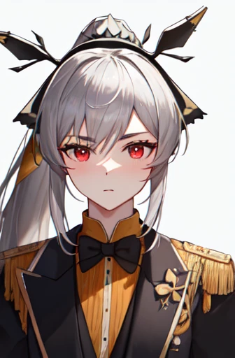 highest quality, masterpiece, High resolution, 一人in, {Weedy_Arknights:1.15}, length_hair, 前hair, red_eye, gray_hair, upper_body, white_hair, very_length_hair, hair_ornament, One girl, Looking_in_Audience, ponytail, formal_alternine_Costumes, Portraiture, Side Lock, Simple_background, white_background