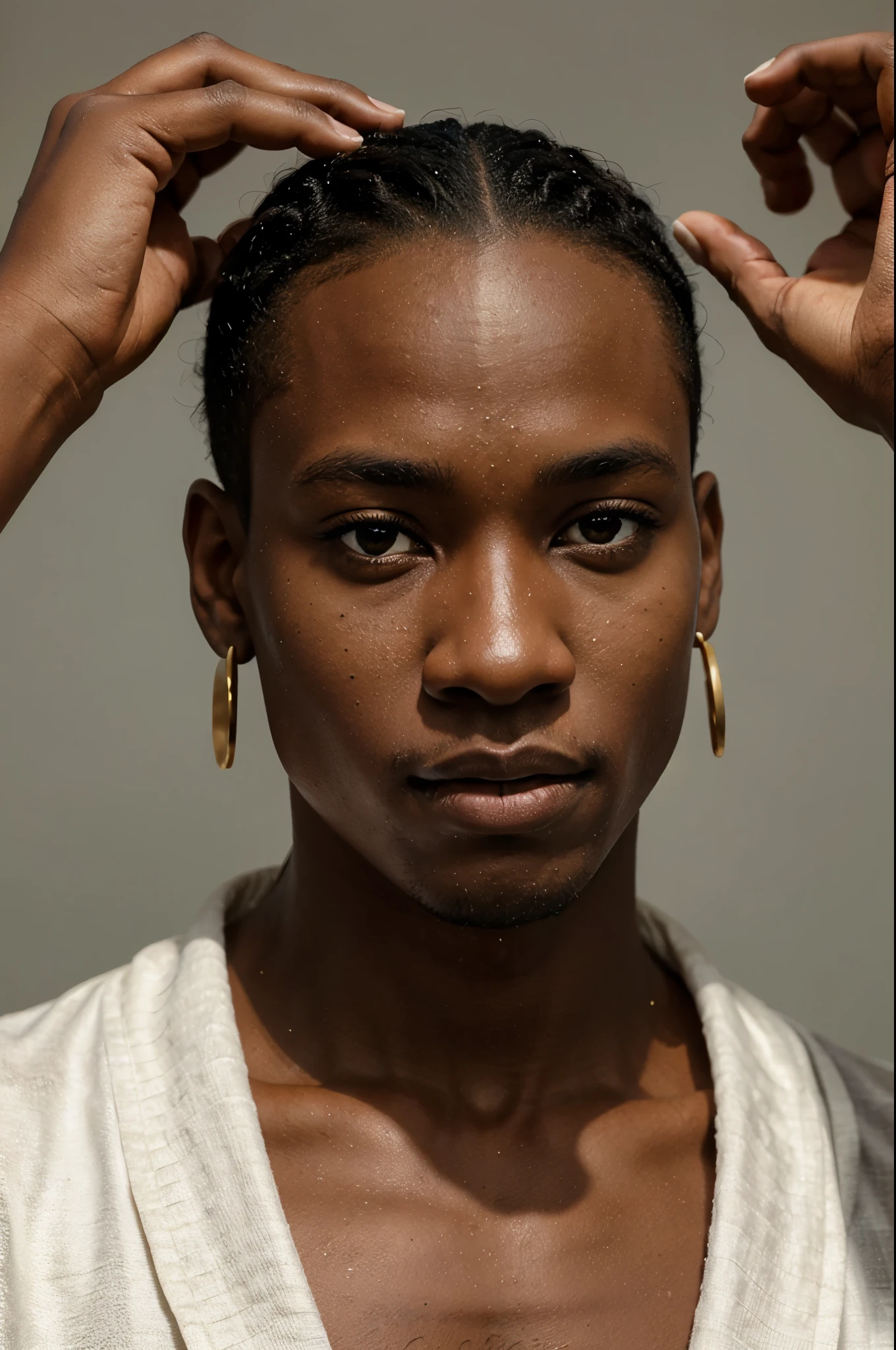 
young dark black Malawi man portrait looking sideways to camera, 27 years, shaved hair, and brown eyes, gold loop earrings, wearing a white robe, plain white background with hands on his hips f22, 85mm focal length hyper realistic, photo realistic, 32K gorgeous young male model model, hyper realistic portrait, photo realistic, 32K gorgeous young male model 