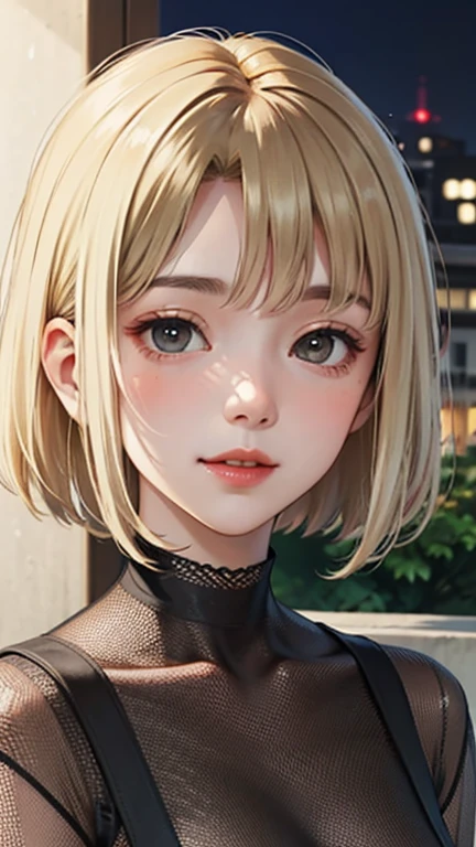 Blushing lightly and smiling, (Top quality masterpiece:1.2) Delicate illustrations, Very detailed, /Beautiful Japanese women in their 40s、1 person,Excellent style 、((8K images、super high quality))、Very delicate face, Beautiful forehead、Red lipstick,(((((short hair、Brown and blonde mesh hair))))),Very cute Japanese cut face、Eyes and nose are clearly visible、Kind eyes,(Big white t-shirt)、Night view、Date、Cafe