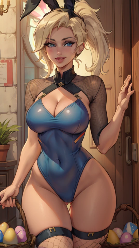 1 girl,(solo), (cowboy shot:1.4), (masterpiece:1.2), (best quality:1.2),looking at viewer,dynamic pose, (ultra detailed),realistic, perfect eyes,blue eyes,short blonde hair,high short ponytail,Mercy, curvy,smile, cleavage,(bunny swimsuit),((bunny ears)),(Easter eggs basket),(fishnet stocking),
