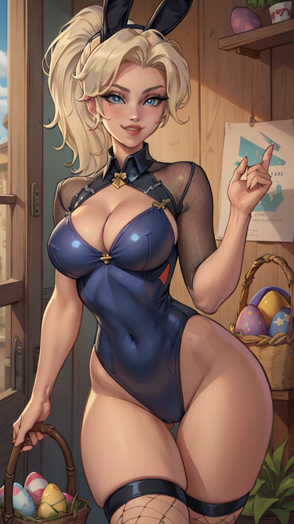 1 girl,(solo), (cowboy shot:1.4), (masterpiece:1.2), (best quality:1.2),looking at viewer,dynamic pose, (ultra detailed),realistic, perfect eyes,blue eyes,short blonde hair,high short ponytail,Mercy, curvy,smile, cleavage,(bunny swimsuit),((bunny ears)),(Easter eggs basket),(fishnet stocking),
