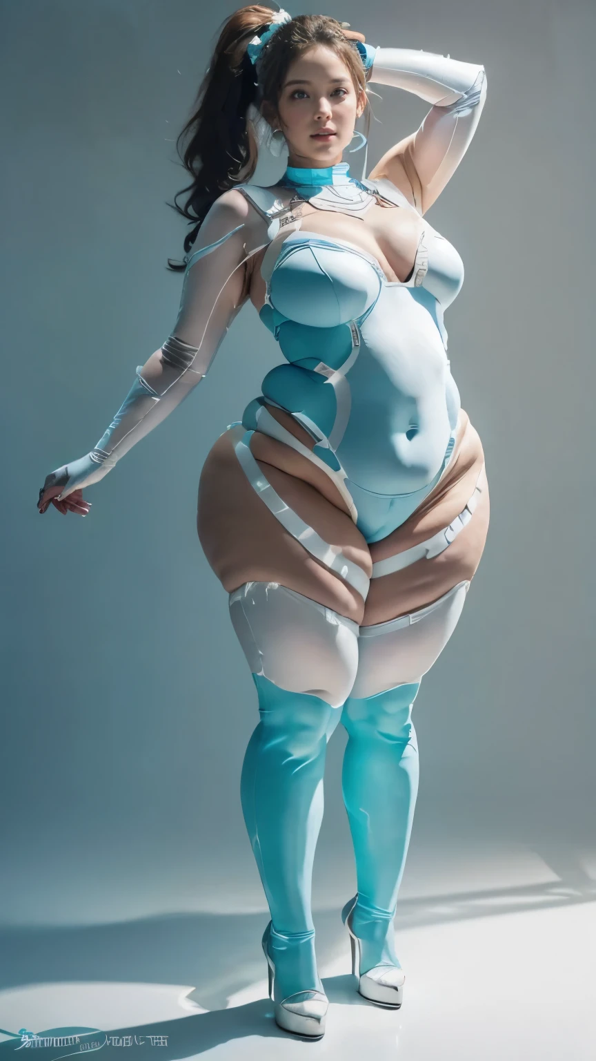 (highest quality、8k、32k、masterpiece、Ultra-high resolution:1.2、Perfect body beauty:1.2、Wearing a futuristic hero suit that glows pale blue and white:1.5、Cute 25 year old White woman、Big and ample breasts:1.5、Upper Body、front、Simple Background、Looking at the audience、Dynamic pose:1.8、sunlight、nswf:1.5 ((Light blue rubber suit)),((Huge slack)),((heavy body)),((Wide Hips)),((Thick body)),((Fat belly)),((Fat girl)),((Chubby)),((Big Size)),((White woman)),((Brown Hair)),((short hair)),((blue eyes)),((Full body portrait))、Long socks、I can't see my bare skin、High heels、Full body portrait、ponytail、Simple Background、Full body portrait、Full body portrait、High heels、Stand with your feet shoulder-width apart、One Woman、Simple white background、