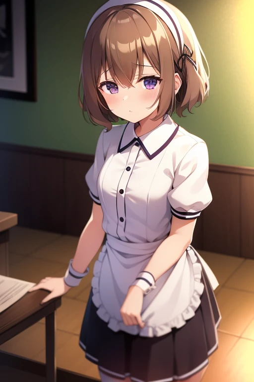 One girl, blend_s, blush, Brown_hair, chair, Commentary_request, Dutch_angle, gloines, hair_tie, High resolution, hoshikawa_mafuyu, indoor, koyuki_(Gazebo 999), Looking_in_iniewer, purple_eye, short_hair, 一人in, Are standing, style_uniform, table, in, waitress, white_gloines