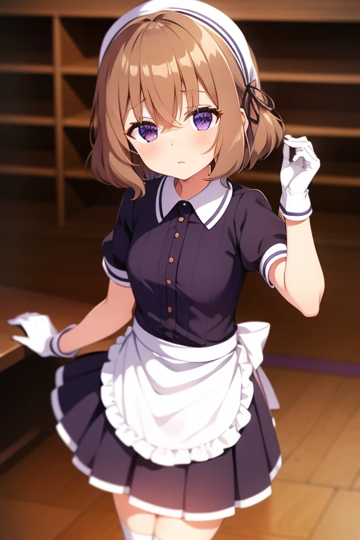 One girl, blend_s, blush, Brown_hair, chair, Commentary_request, Dutch_angle, gloines, hair_tie, High resolution, hoshikawa_mafuyu, indoor, koyuki_(Gazebo 999), Looking_in_iniewer, purple_eye, short_hair, 一人in, Are standing, style_uniform, table, in, waitress, white_gloines