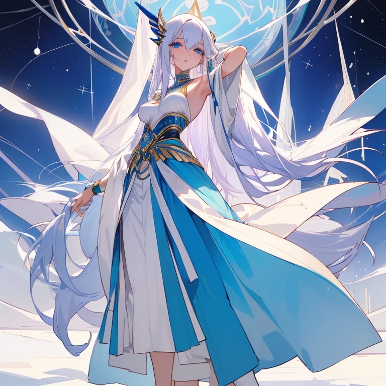 Long, waist-length platinum hair with stunning piercing blue eyes with snow-white skin, corpo magro sexy , peito grandes , no facial expression, sexy, pouca roupa , curvas sexuais, egyptian goddess outfit, olhando para frente, STANDING, de frente, showing from head to toe, sensual, olhando para o espectadorpostura ereta, with shoulders back and head up, directing the gaze directly at you in the image. Sexy , sensual, pouca roupa, Egyptian outfit, convidando o expectador
