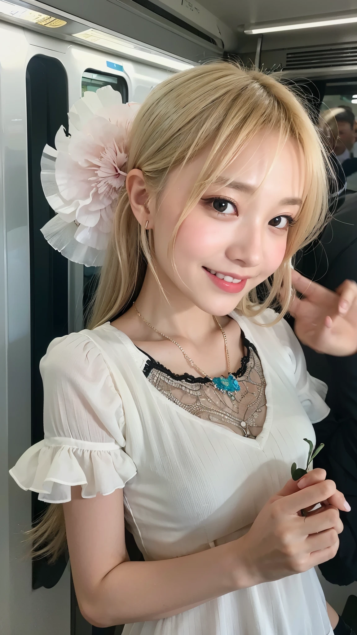 (highest quality、8k、32k、masterpiece、Hmph:1.2)、Cute Japanese Women Photos、((Holding a single carnation)),Soft looking breasts、No bra、Ample breasts、((Shortcuts))、Face Focus、White T-shirt、necklace、One carnation、From above、Looking at the audience、smile、I'm showing my teeth and smiling,Dynamic Shadows、blonde、Wet shiny hair、Shine, Watery eye、((In a crowded train)),