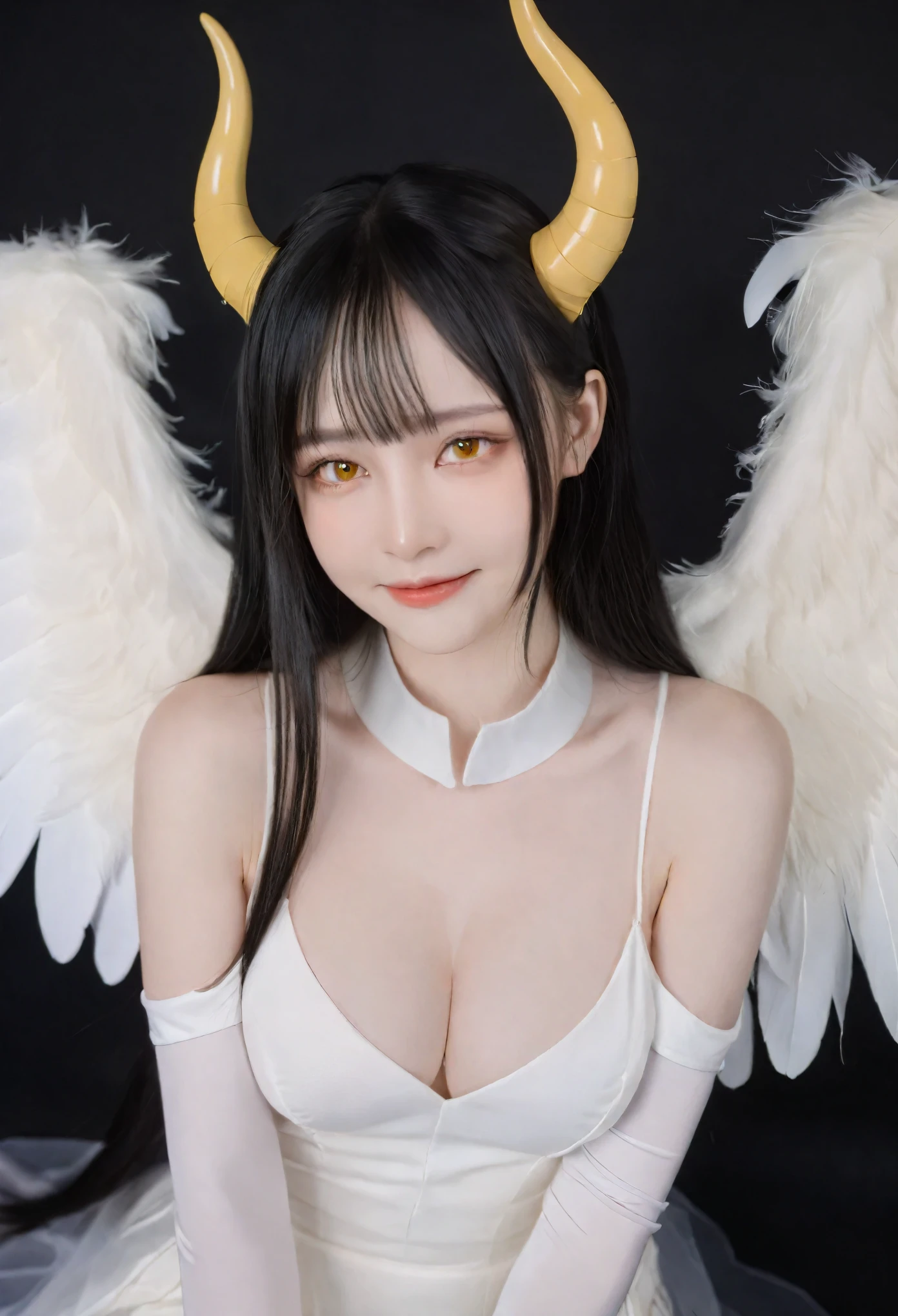 A captivating illustration of a demon girl, inspired by the character Albedo from Overlord. She stands confidently, her large breasts and bare shoulders accentuated by a white dress with a hip vent. Her black wings and white gloves contrast elegantly, and her long, black hair flows, with a strand falling between her striking yellow eyes. She has demon horns and feathered wings, adding to her mystical allure. Her smile is enchanting, and her cleavage is visible through the dress. Her pupils are slit, and she wears a detached collar. Her very long hair and black feathers are beautifully detailed, and she has elbow-length gloves. The perspective is a cowboy shot, ensuring her demon wings are prominently displayed.