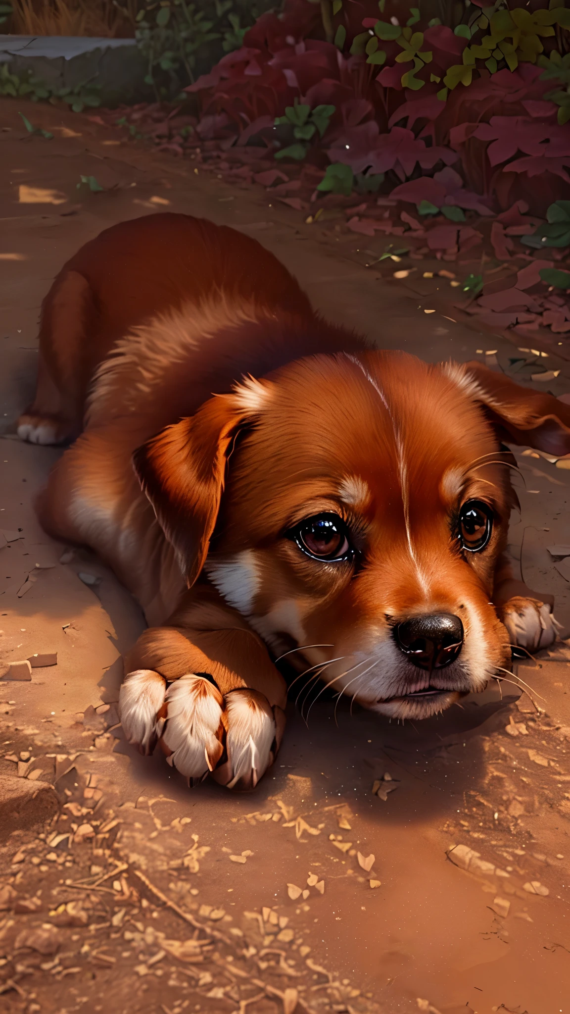 theRe is a small bRown dog laying on the gRound in the diRt, With cute and doting eyes, cute and fRiendly eyes, she has a Cute face, Just a cute little thing, cRawling on the gRound, cute dog, R/Ahhh, Ahhh, cRawling towaRds the cameRa, puppy, supeR cute and fRiendly, huge adoRable eyes, Cute face, showing his paws to vieweR