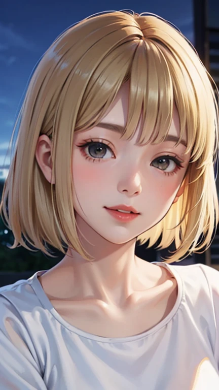 Blushing lightly and smiling, (Top quality masterpiece:1.2) Delicate illustrations, Very detailed, /Beautiful Japanese women in their 40s、1 person,Excellent style 、((8K images、super high quality))、Very delicate face, Beautiful forehead、Red lipstick,(((((short hair、Brown and blonde gradation hair))))),Very cute Japanese cut face、Eyes and nose are clearly visible、Kind eyes,(Big white t-shirt)、Night view、Date、Cafe