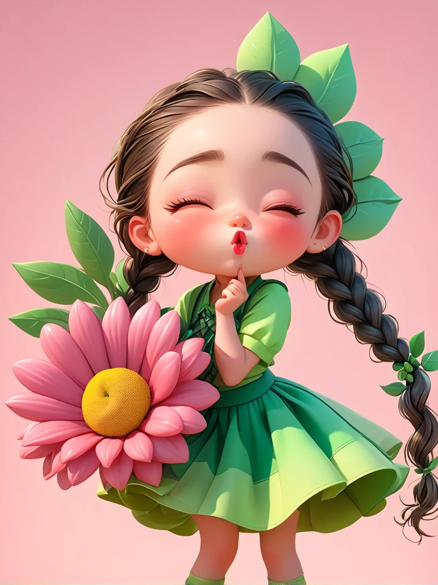 Cute little girl with long braids,Kissing in front of the camera,Wearing a skirt,Holding a huge flower,(Close one eye:1.6),3D Rendering,Solid color background,close up,chibi anime,Surrealism,cartoon Q version, by Tiago Hoisel
