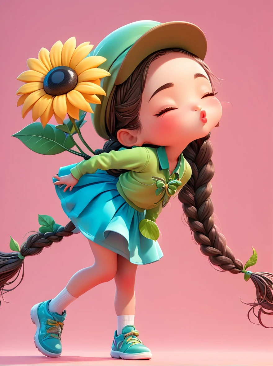 Cute girl with long braids,Kissing in front of the camera,Wearing a skirt,Holding a huge flower,(Close one eye:1.6),3D Rendering,Solid color background,close up,chibi anime,Surrealism,cartoon Q version, by Tiago Hoisel