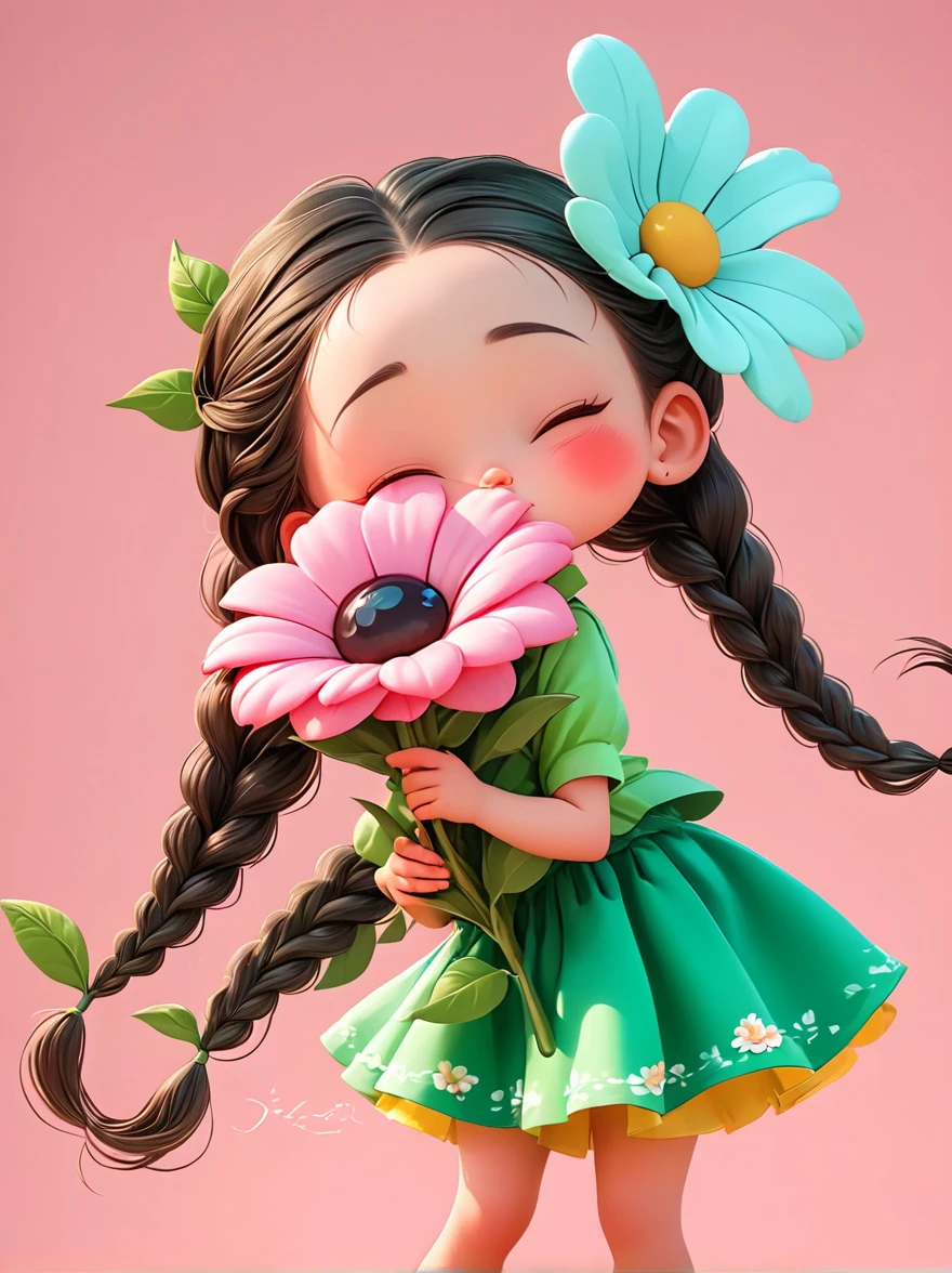 Cute little girl with long braids,Kissing in front of the camera,Wearing a skirt,Holding a huge flower,(Close one eye:1.6),3D Rendering,Solid color background,close up,chibi anime,Surrealism,cartoon Q version, by Tiago Hoisel