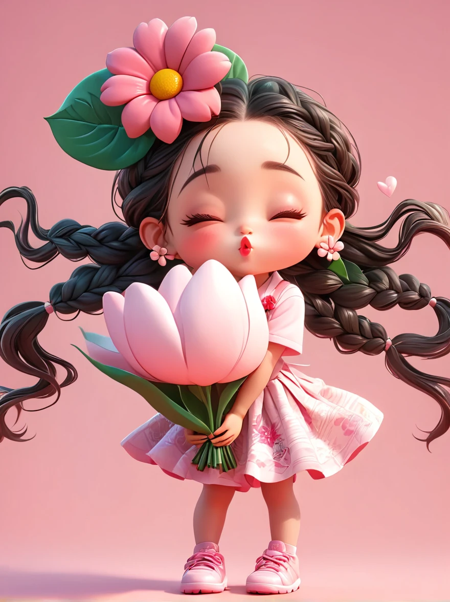 Cute little girl with long braids，Kissing in front of the camera，Wearing a skirt，Holding a huge flower，(Close one eye:1.6)，3D Rendering，Solid color background，close up，chibi anime，Surrealism，cartoon Q version, by Tiago Hoisel