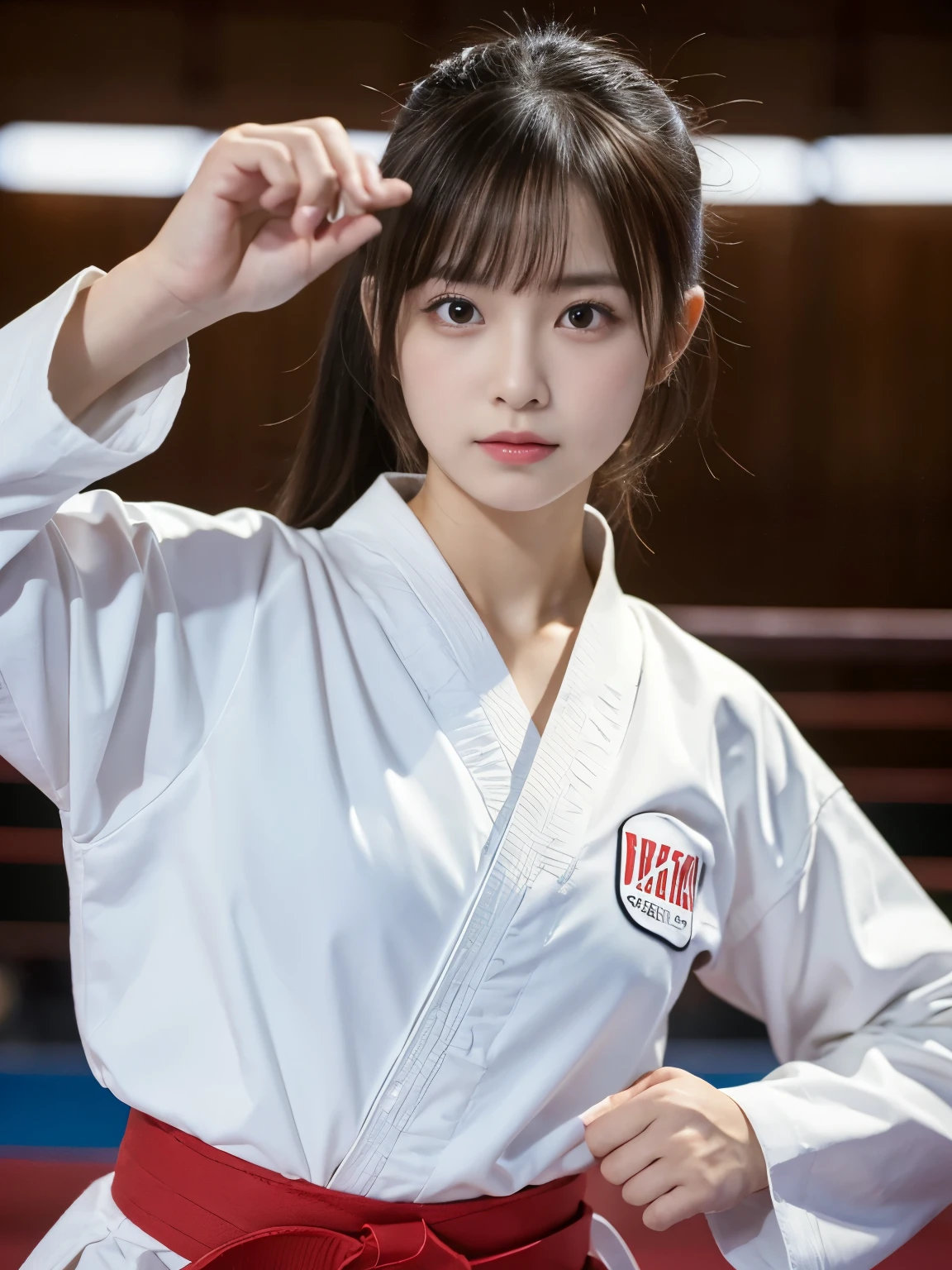Best image quality,highest quality,masterpiece,4K,8k,highest quality,女性karate,in a karate道場 ring,  Chudan Gyakutsu pose, karate, Young Japanese Woman, Japanese Girls,karateのUniform,Black belt,karate大会、whole body、Big Breasts、Uniform、valley