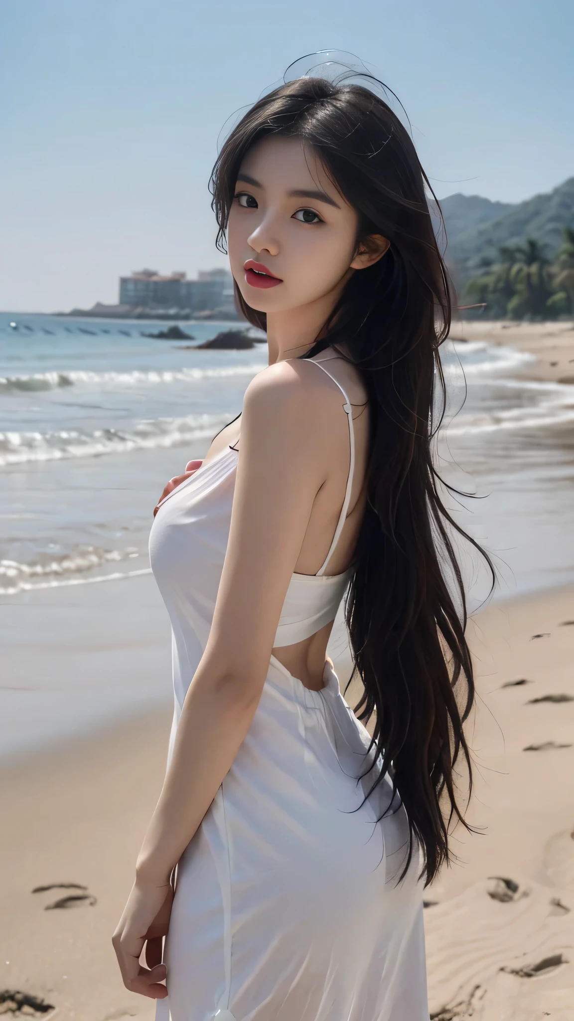 A perfect young female white-collar worker，Chinese，High picture quality，Works of masters，Black hair，Long hair flowing over the shoulders，Beach wave hairstyle，cropped shoulders，clavicle，exquisite face，Hydrated red lips，Real Human，CG rendering，16k，Stand up，Do not show your hands，Close-up shot