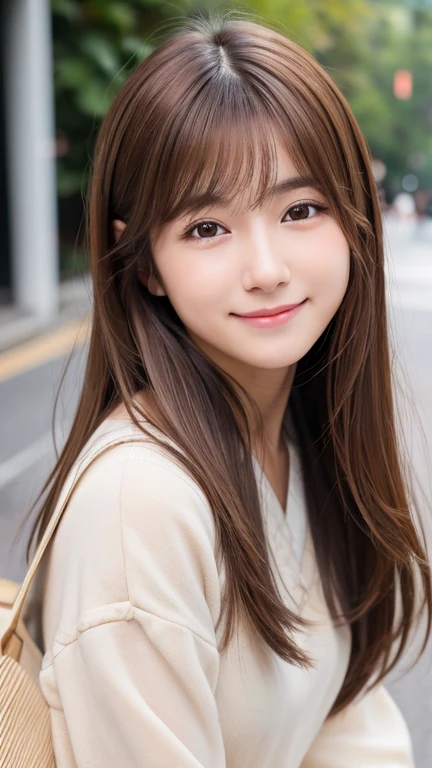 Brown Hair,Medium Hair,A 20-year-old woman eating, Small nose, With the correct face, Cute natural smile, Japanese facial features, A clean and cute face, Cute realistic portrait, Asian Face, 8K Photo, Soft Makeup,Natural skin texture,Raw photo,highest quality,Full Body Shot,Random clothing color