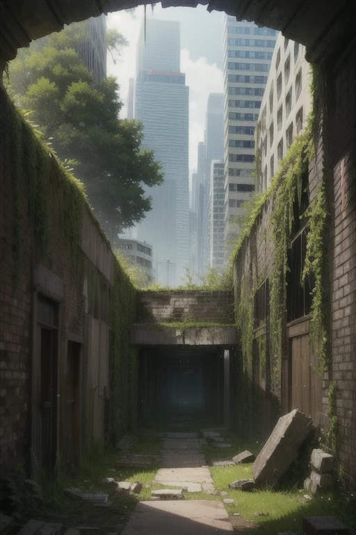 Overgrown plant life, city ruins,