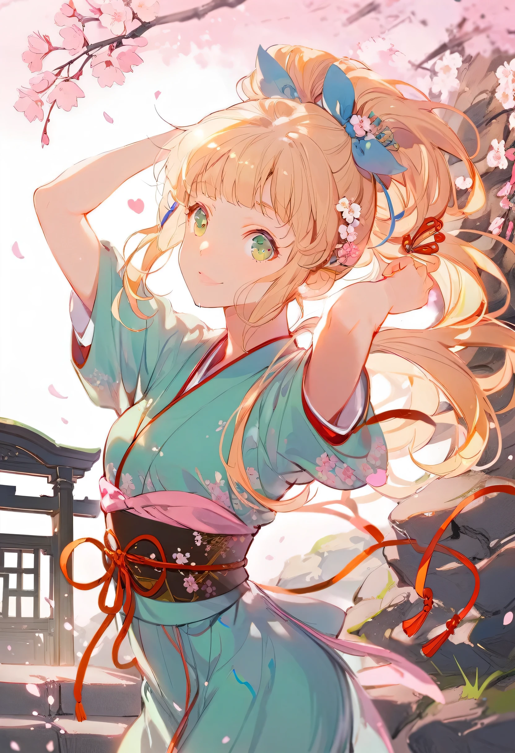 (close up), (1 Girl), Solitary, Green Eyes, blonde long hair tied with blue ribbon, Hair accessories, Bangs, Smile, High school girl, Mid-chest, ((Hands in the air)), Japanese clothes, (Blue short kimono), sandals, ribbon, Heart, ((outdoor)), Cherry blossoms, (Tori Gates), Stone steps,