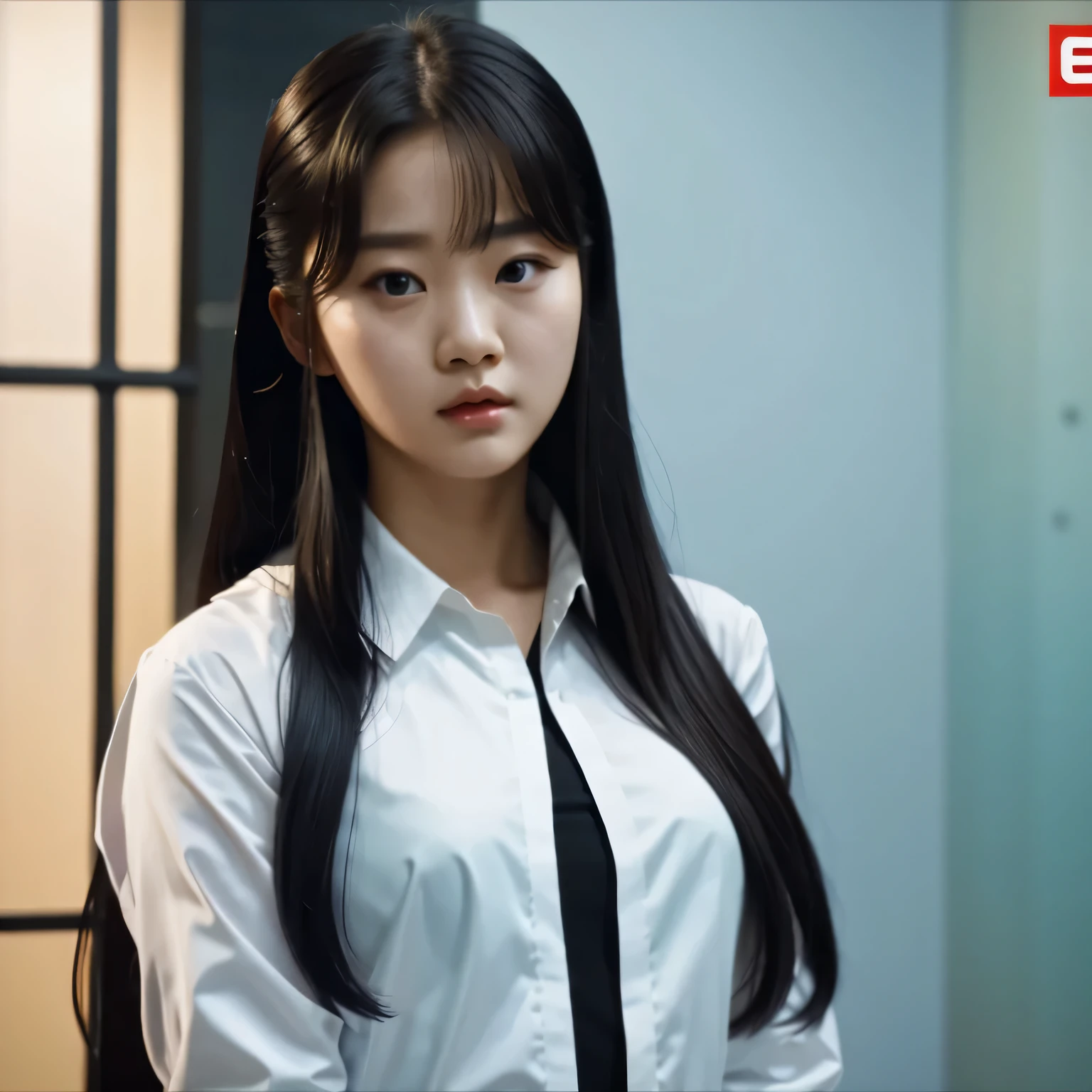 arafed college student with long black hair and a white shirt, she has a distant expression, iu lee ji-eun as a super villain, but a stern look about her, she has a cute expressive face, young wan angel, girl next door innocent look, high drama, sideways glance, kwak ji young, movie screencap, handsome girl, innocent look, brilliant, 1girl, solo