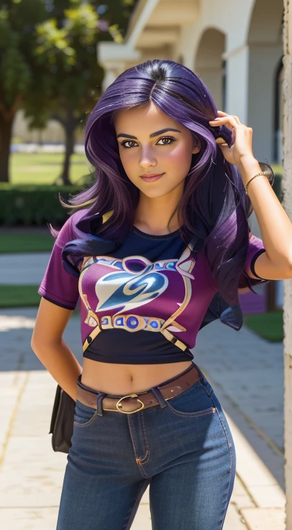 (Obra maestra, La mejor calidad, fotorrealista, Altas Resoluciones, Cinematographer, :1.3), sharp focus, 1 beautiful teenager , Chica Americana , 16 year olddolesenye, diafragma, Ojos color azul y pupilas altamente detallados, Piel realista, Forma delgada del cuerpo, escote, cabello extremadamente detallado, They are smiling, sexy, fondo variado , ((realista, super-realistic, realismo, Detalles realistas)) Rarity , mlp , gafas de sol , lindo maquillaje ,labios rojos , cabello largo azul, pony tail , cuerpo completo , cuerpo sexy , posando en biblioteca , hermosa sonrisa ,linda ropa grunge