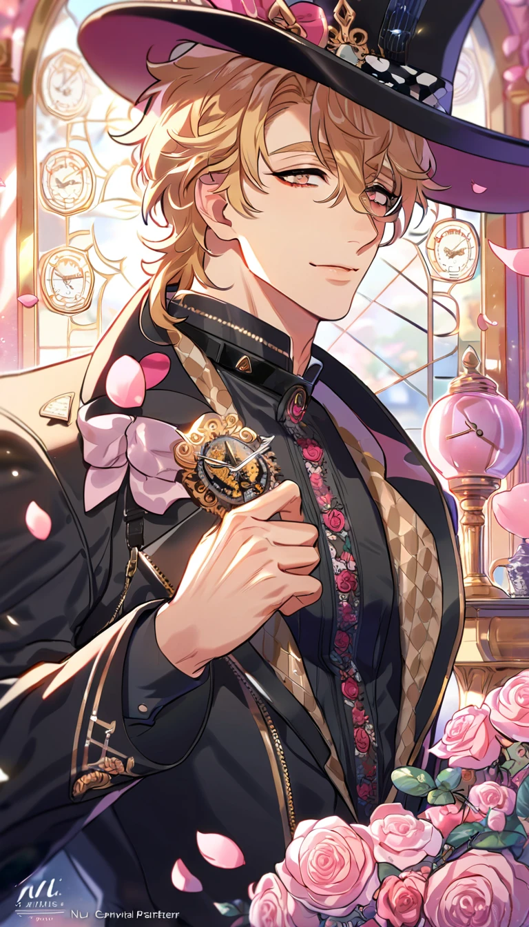 absurdres, highres, ultra detailed, HDR, master piece, best quality, perfect face, beautiful eyes, delicate features, Quincy, blond messy hair, expressive amber eyes, Nu Carnival, solo, sexy man, handsome, black hat, black coat, black shirt, patterns, madhatter, in wonderland, clock, pink roses, pink petals, pink lanterns