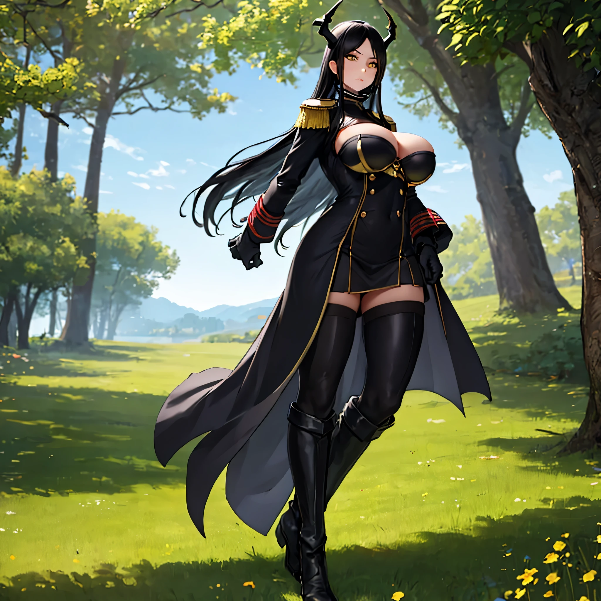 A woman wearing a black Imperial Prussian uniform, black pants, black boots, black cape, wearing an old navy bicorn, long black hair, yellow eyes, large breasts, walking in an open field with trees in the background., (woman solo), HDR, ultra resolution, sharp, masterpiece, 8K HD
