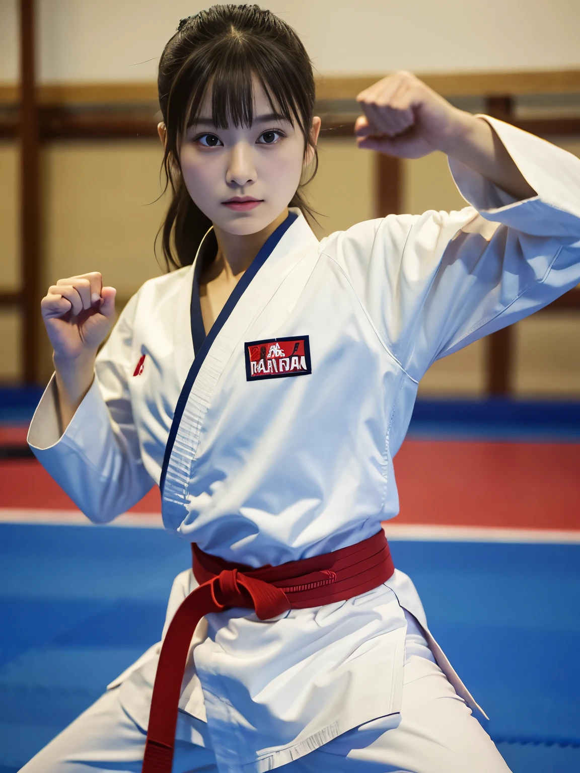 Best image quality,highest quality,masterpiece,4K,8k,highest quality,女性karate,in a karate道場 ring,  Chudan Gyakutsu pose, karate, Young Japanese Woman, Japanese Girls,karateのUniform,Black belt,karate大会、whole body、Big Breasts、Uniform、valley