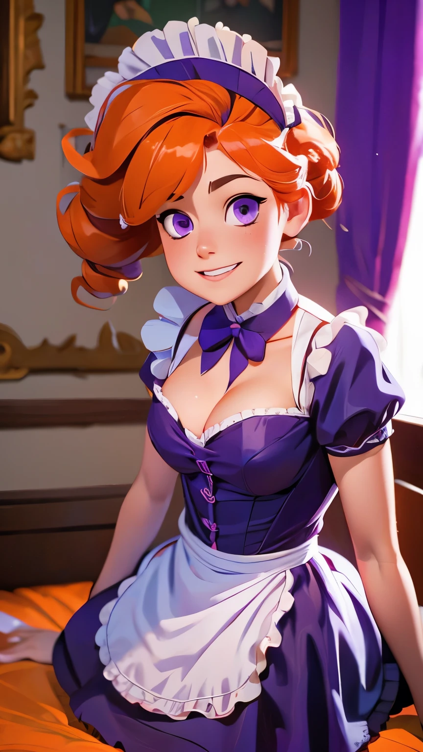 masterpiece, best quality, 1girl, purple eyes, orange hair,maid headdress, maid,