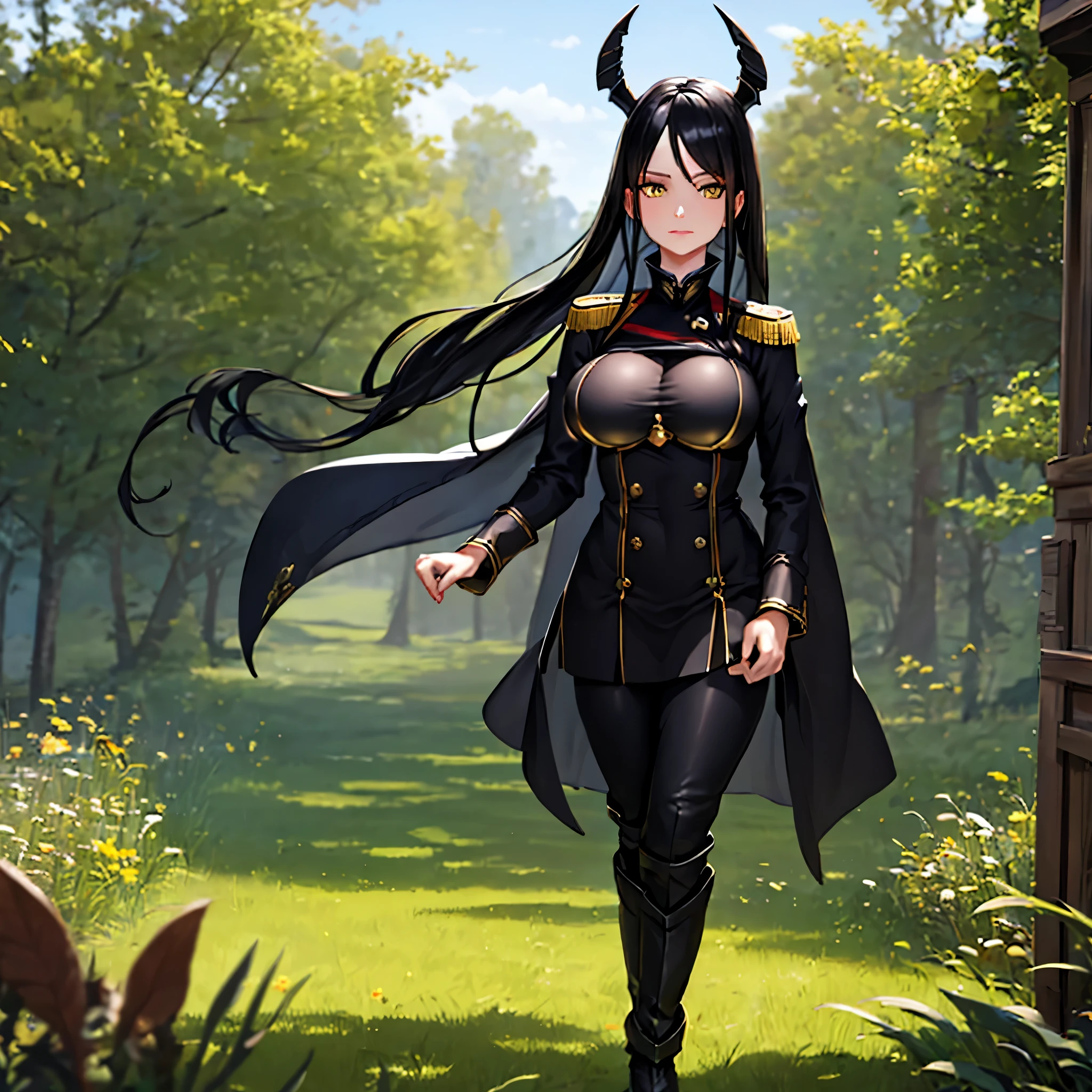 A woman wearing a black Imperial Prussian uniform, black pants, black boots, black cape, wearing an old navy bicorn, long black hair, yellow eyes, large breasts, walking in an open field with trees in the background., (woman solo), HDR, ultra resolution, sharp, masterpiece, 8K HD
