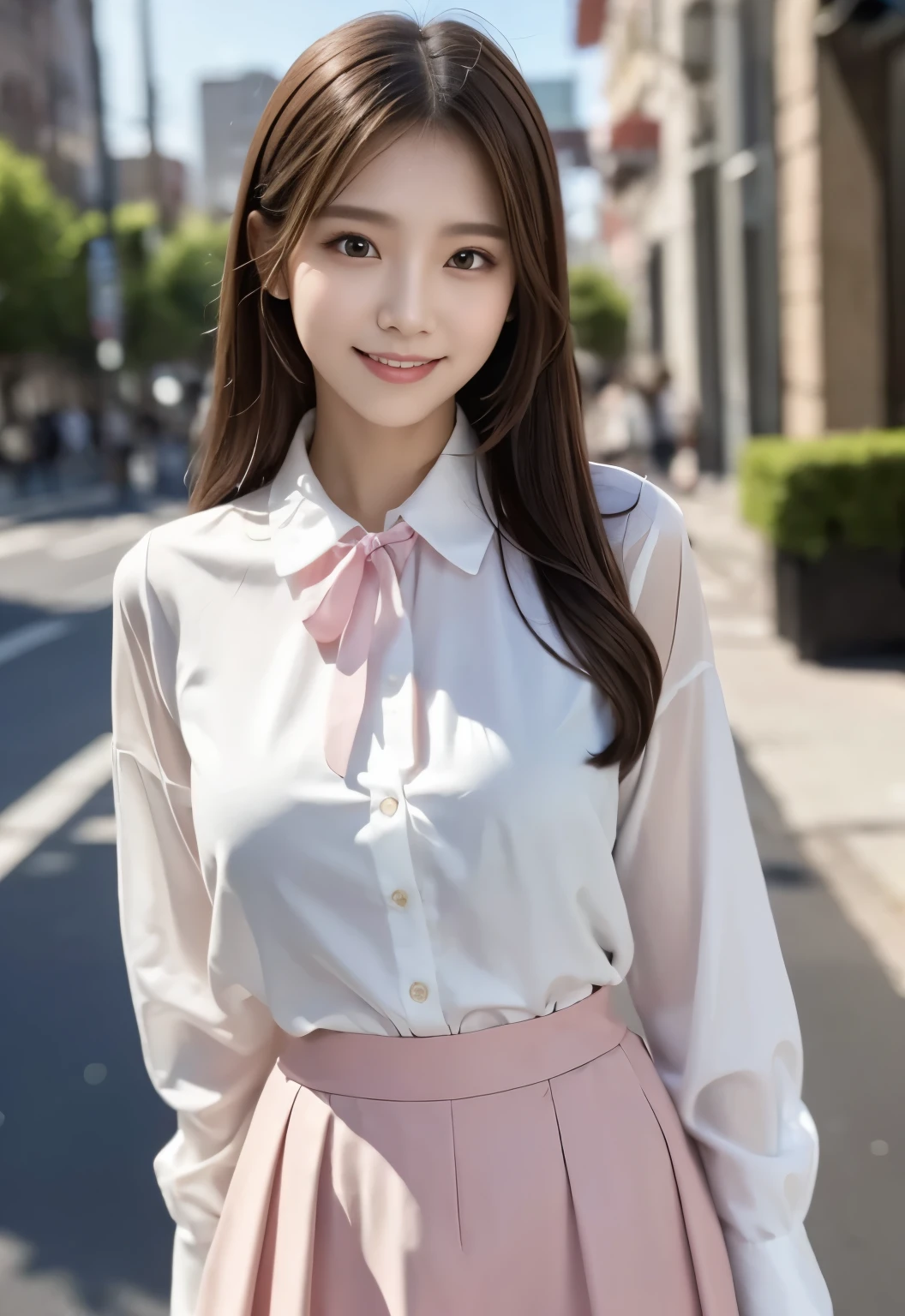 masterpiece, best quality:1.1), (8k, raw photo, photo realistic:1.2, f22), (shiny skin), detailed skin,long hair,detailed face, detailed eyes,smile,BREAK, real world, intricate details, smil, BREAK, 1girl, full body,(pink, Mandarin collar blouse,skirt),BREAK, (city:1.4), BREAK