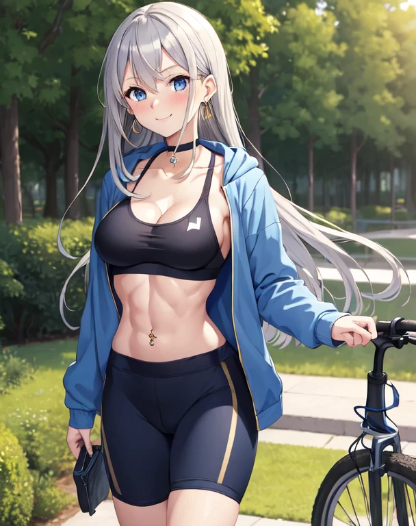 (((masterpiece))), ShizukaMikazuki, One Girl, alone, Looking at the camera, Long Hair, Gray Hair, Long sleeve, Cleavage, Large Breasts, well-endowed,Mature Body,clavicle, Jacket, Open clothes, open Jacket, blue hoodie, Black sports bra,Black hot pants, choker with a charm,Play sports often, Abdominal muscles,bicycle,Clear light blue eyes, Blushing,Navy blue ribbon,smile,Earrings,Golden navel piercing,Park at dusk, 