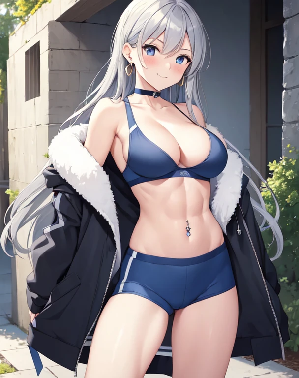 (((masterpiece))), ShizukaMikazuki, One Girl, alone, Looking at the camera, Long Hair, Gray Hair, Long sleeve, Cleavage, Large Breasts, well-endowed,Mature Body,clavicle, Jacket, Open clothes, open Jacket, blue hoodie, Black sports bra,Black hot pants, choker with a charm,Play sports often, Abdominal muscles,bicycle,Clear light blue eyes, Blushing,Navy blue ribbon,smile,Earrings,Golden navel piercing,Park at dusk,
