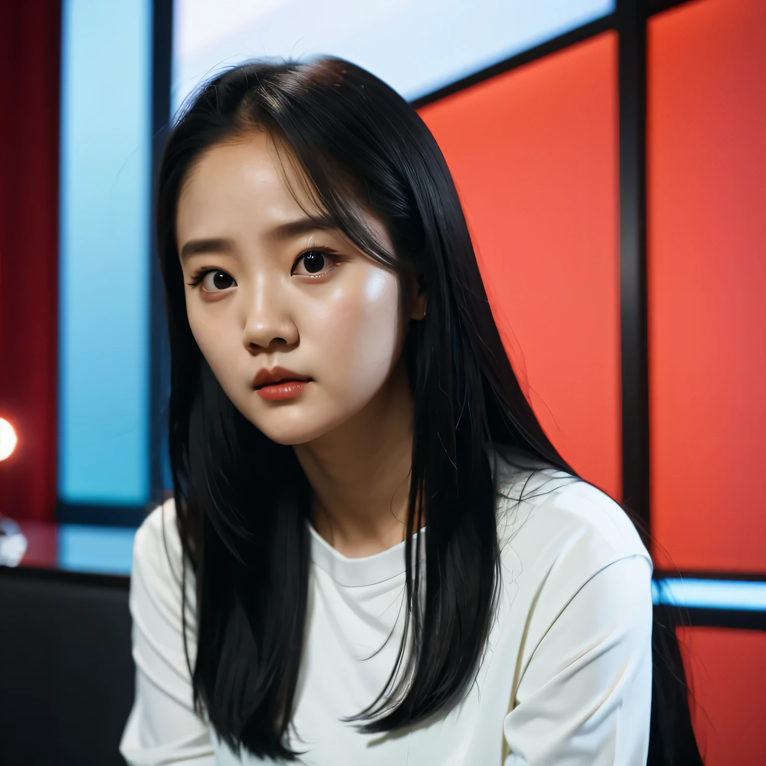 arafed college student with long black hair and a white shirt, she has a distant expression, iu lee ji-eun as a super villain, but a stern look about her, she has a cute expressive face, young wan angel, girl next door innocent look, high drama, sideways glance, kwak ji young, movie screencap, handsome girl, innocent look, brilliant, 1girl, solo